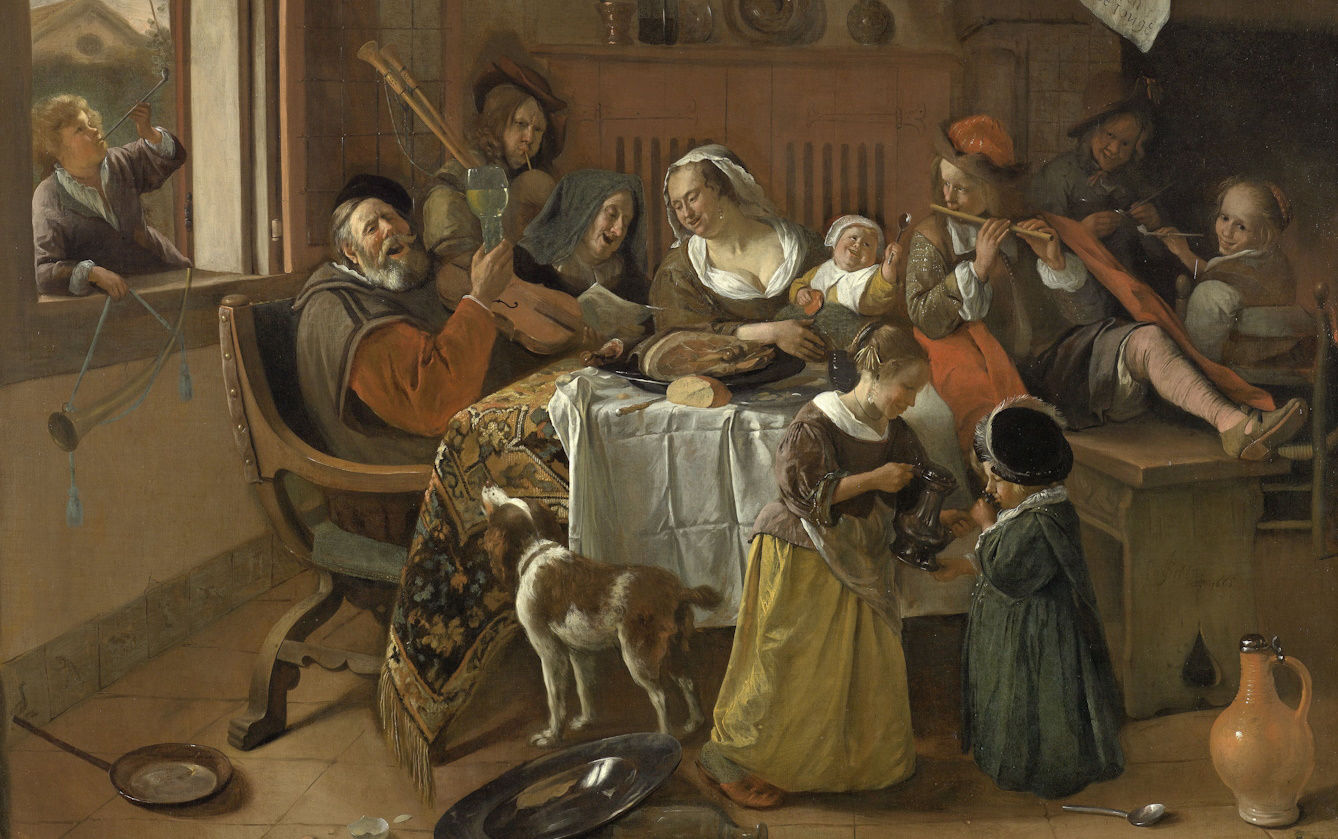 A lively family scene painted by Jan Steen