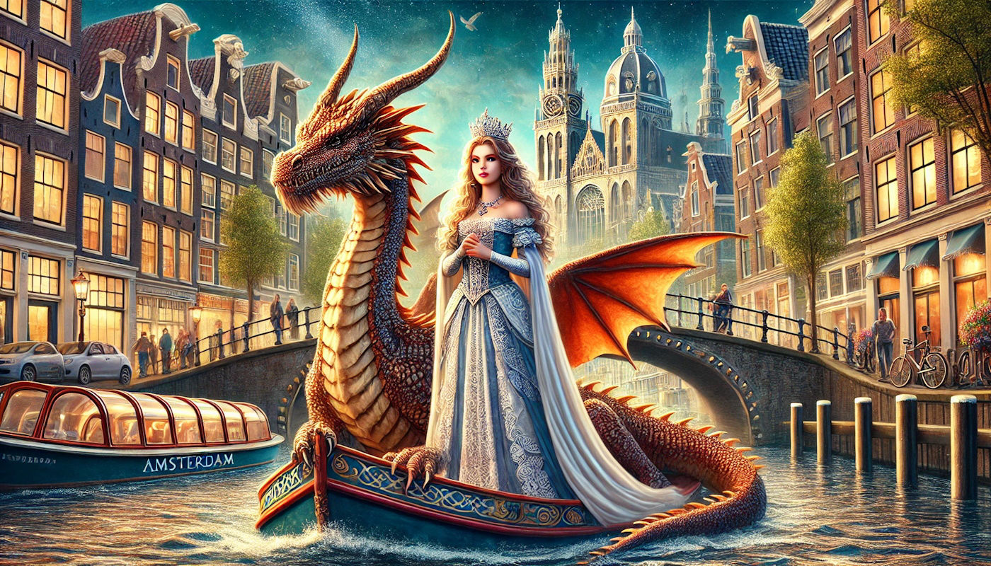 A fantasy illustration of a princess and a dragon.