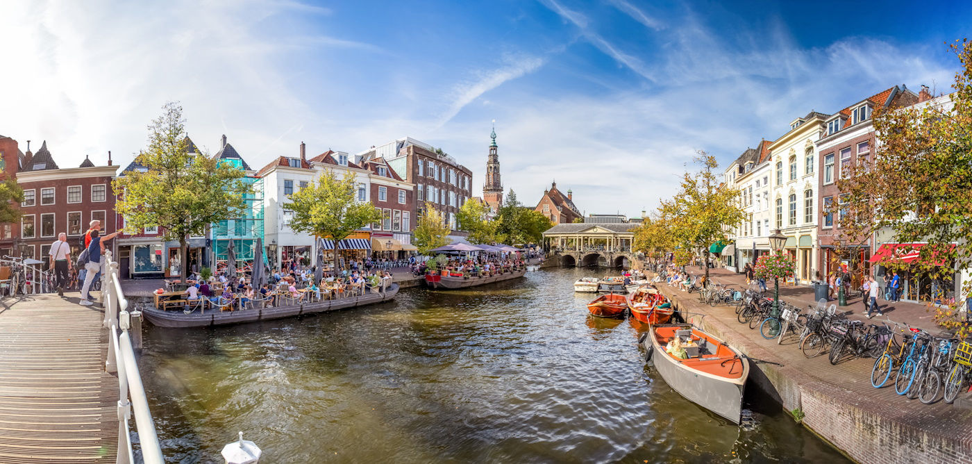 A canal and historic buildings in Leiden.