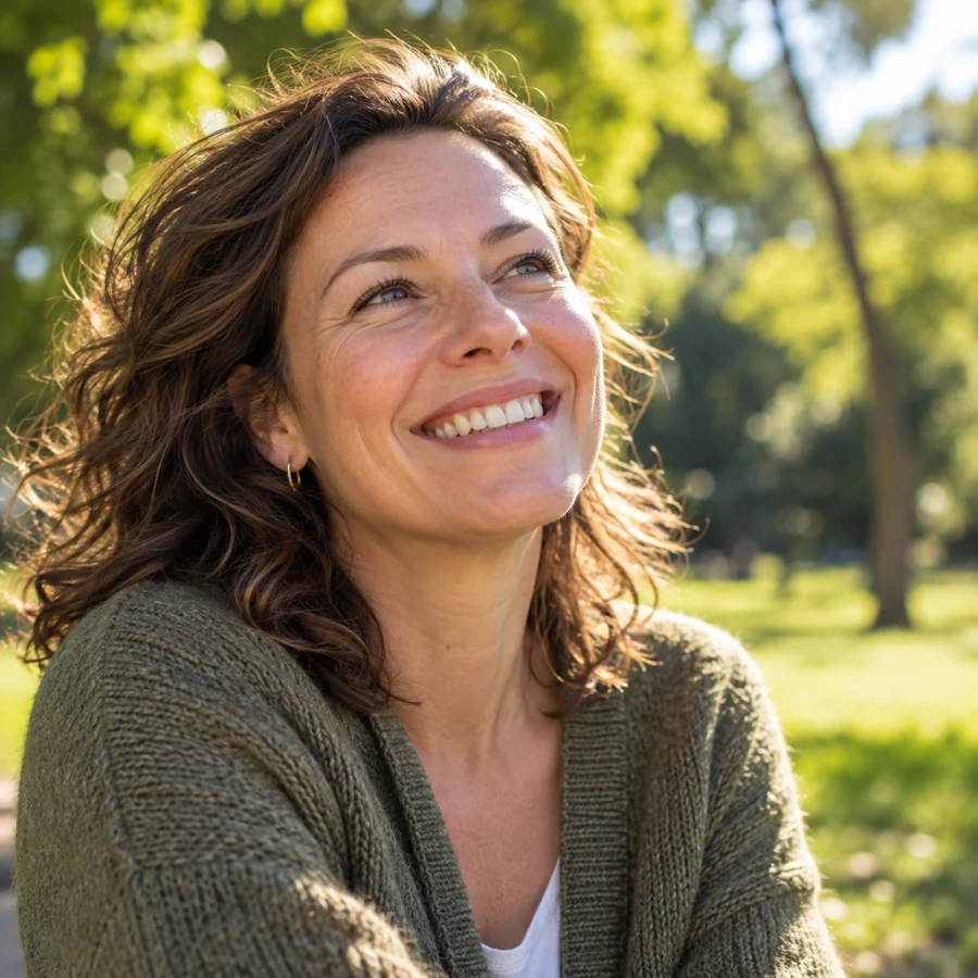 A happy woman in a sunny park