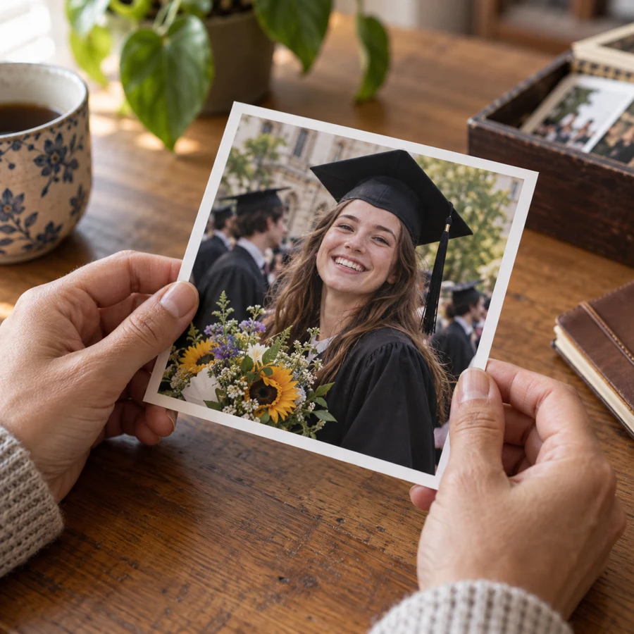 A photograph of a happy graduation memory