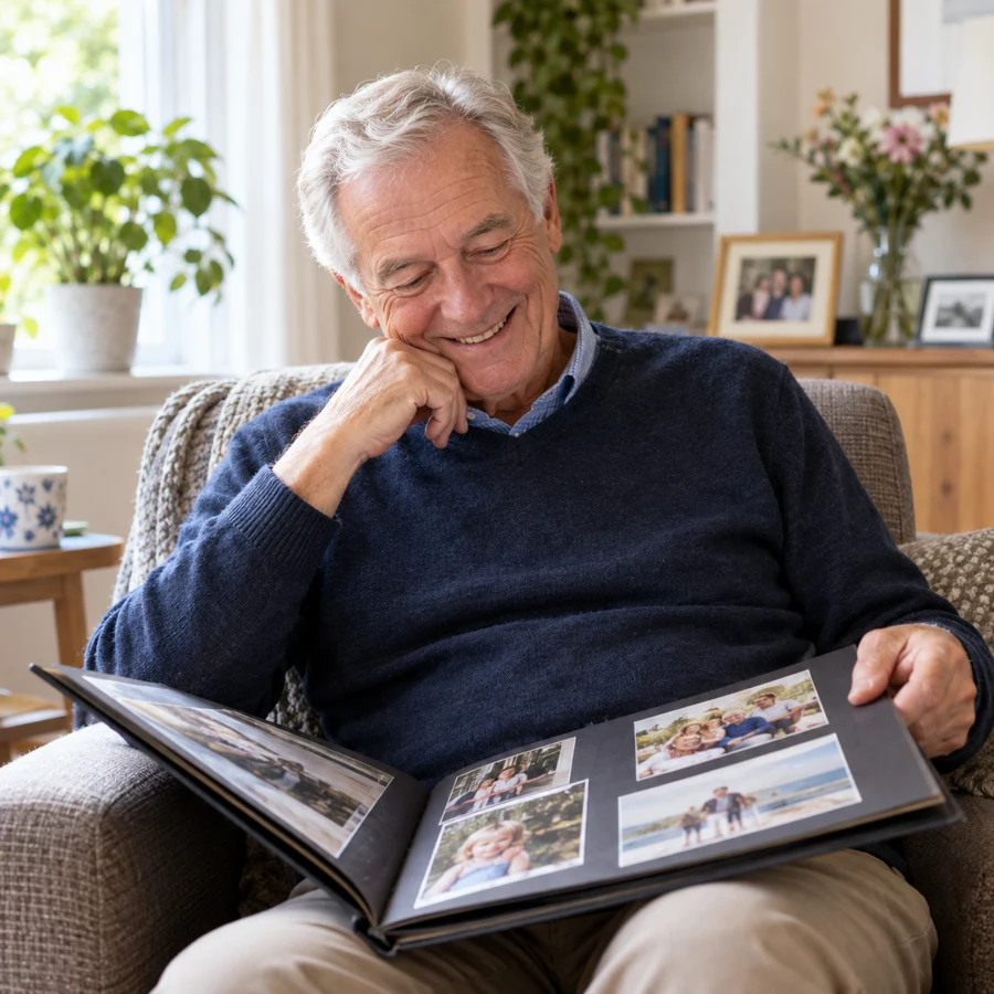 A smiling man looking back through a photo album