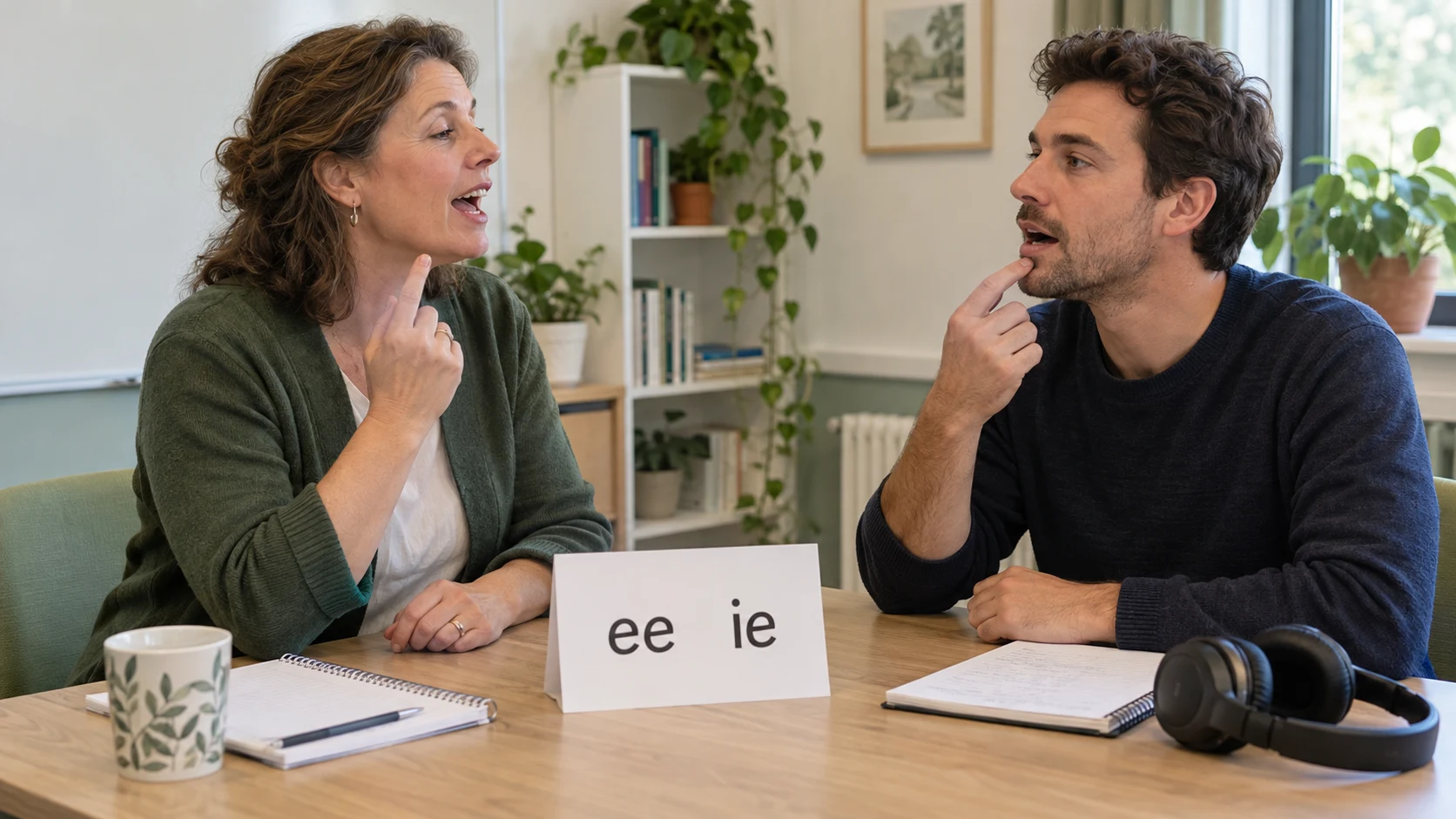 An adult learner practising Dutch pronunciation with a teacher, using the sounds ee and ie.