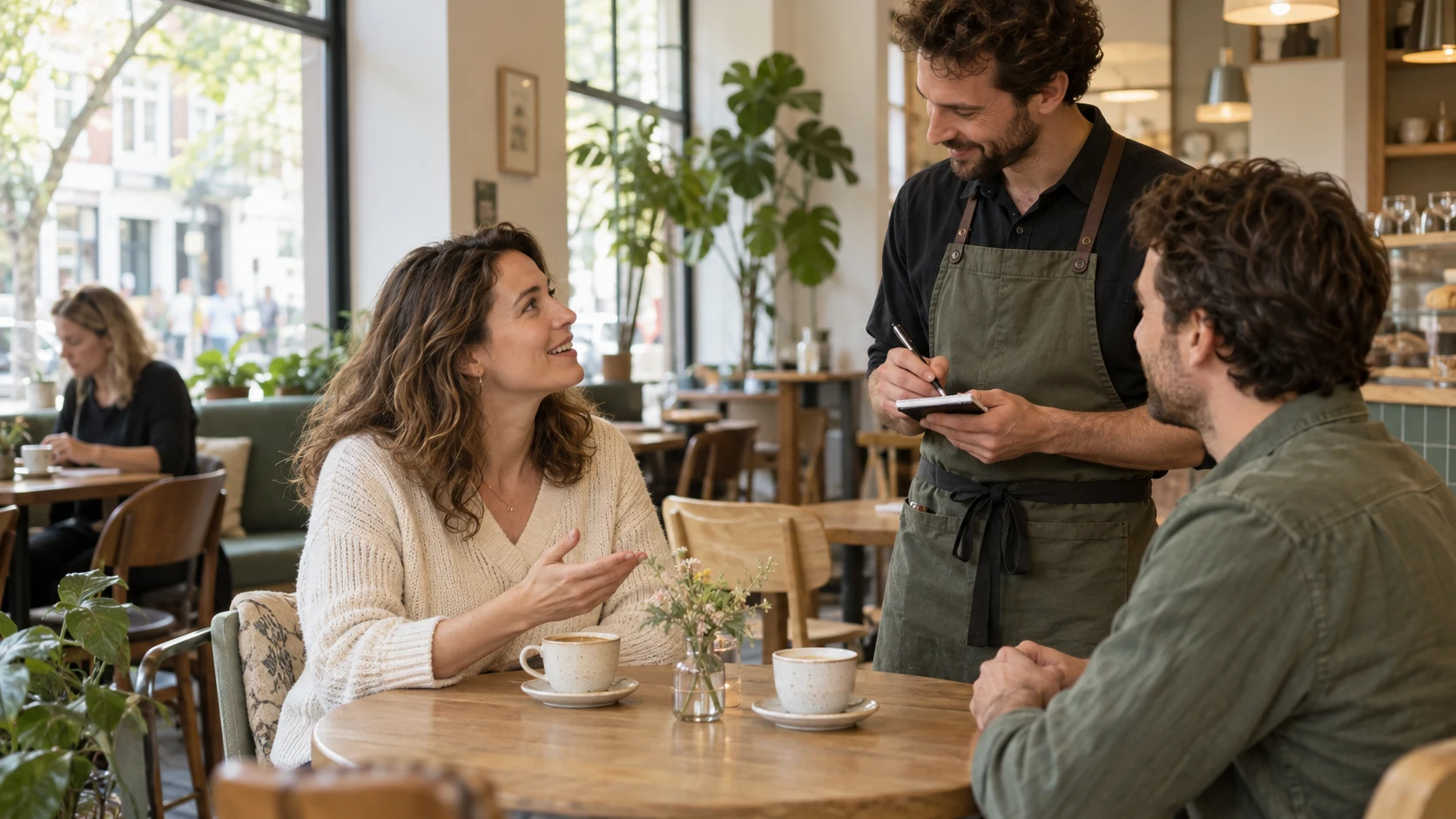 Two adult customers politely ordering coffee from a waiter in a café.