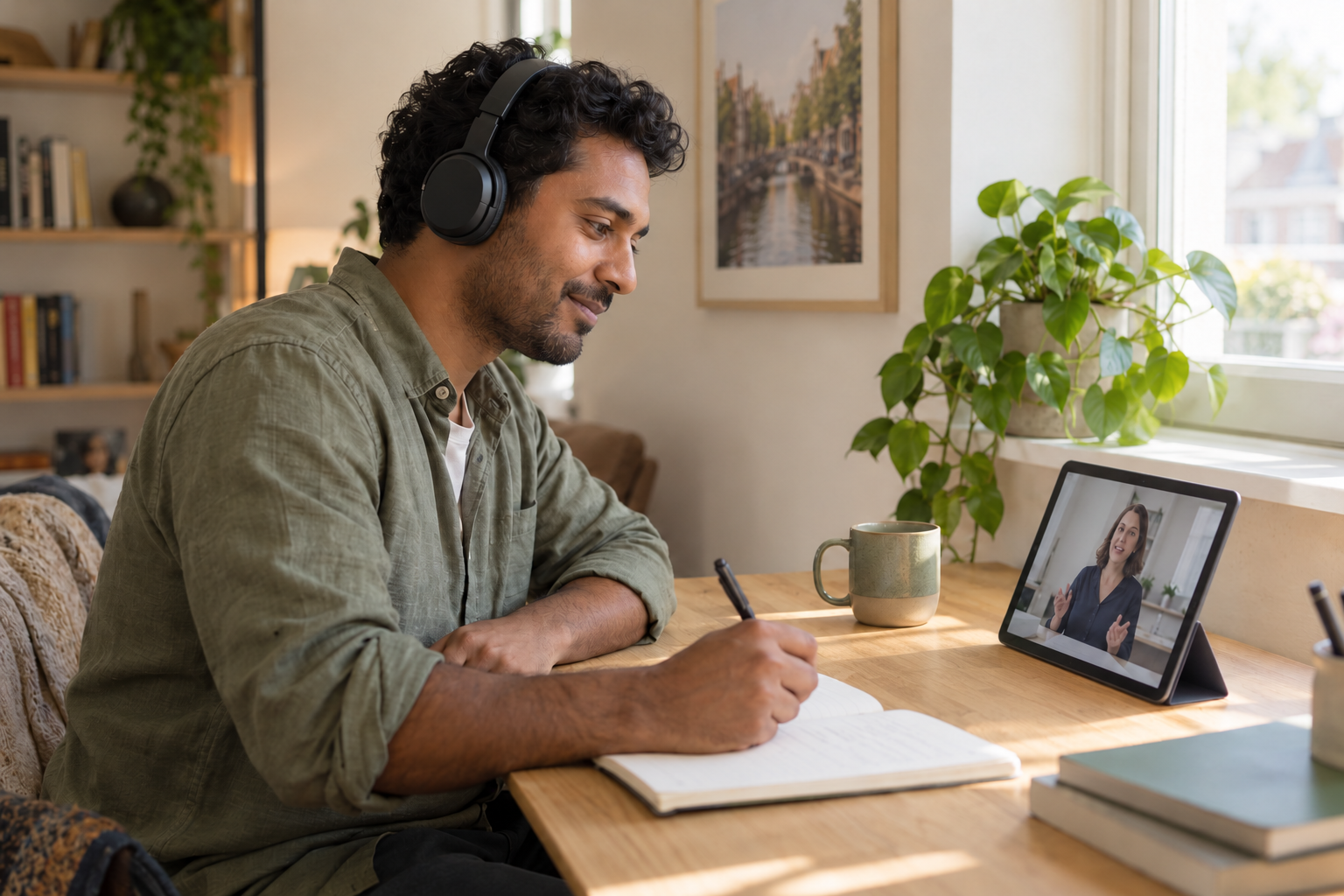 An adult learner listens with headphones and writes notes beside a tablet.
