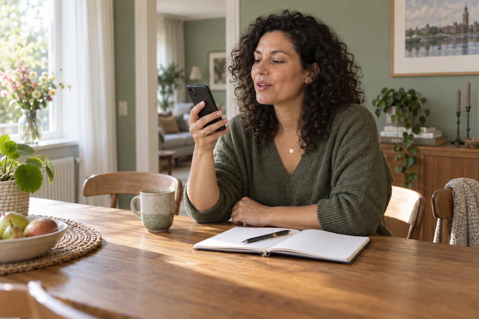 An adult learner practises speaking with a voice assistant on her phone.