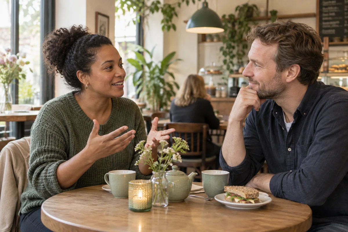 Adults talking in a cafe