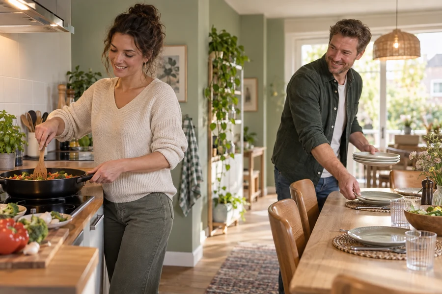A woman cooks while a man sets the table.