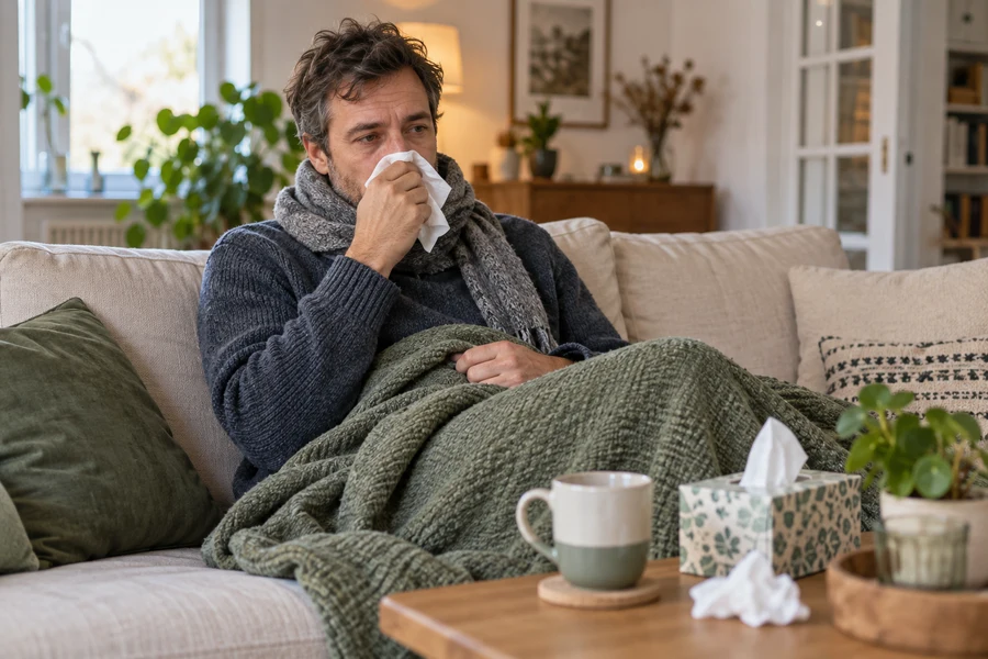 A man with a cold stays home on the sofa with tissues and a blanket.