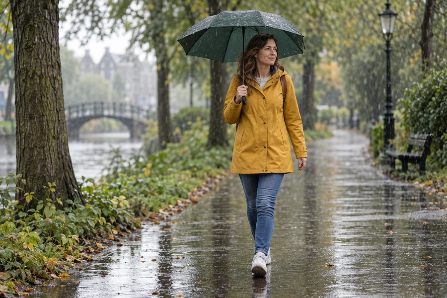 A woman walks along a wet park path under an umbrella.
