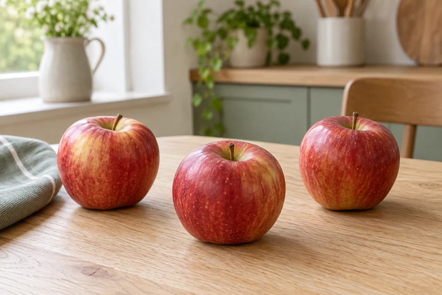Exactly three red apples on a table