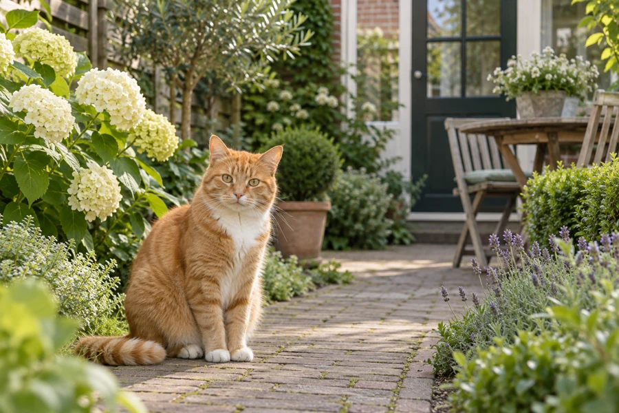 A cat sitting in a garden