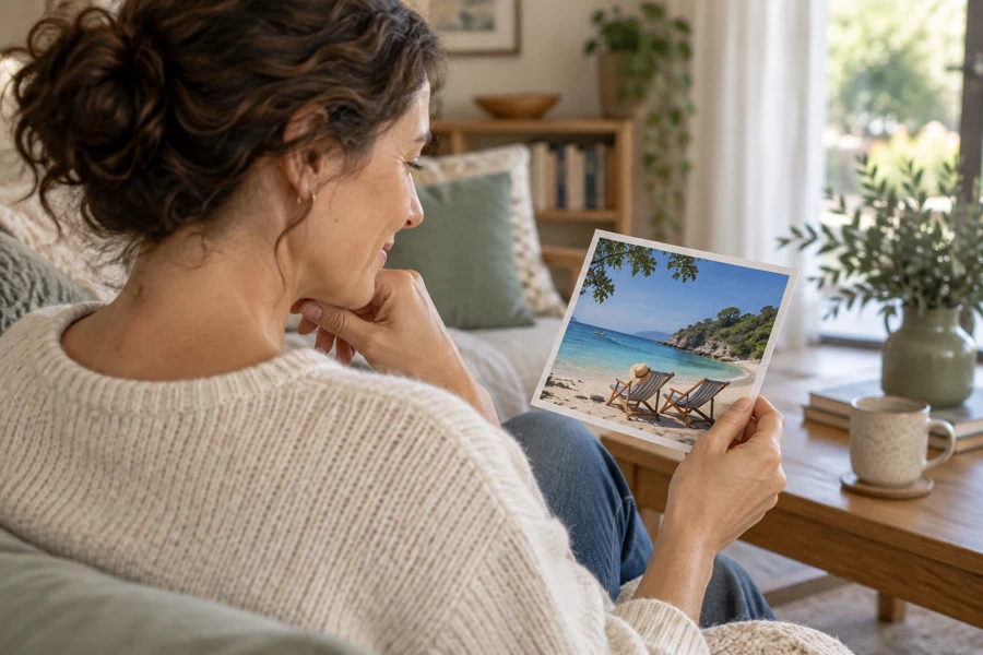 A woman looking at a photograph of her beach holiday