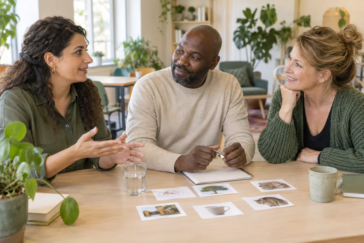 Adults practising together around a table