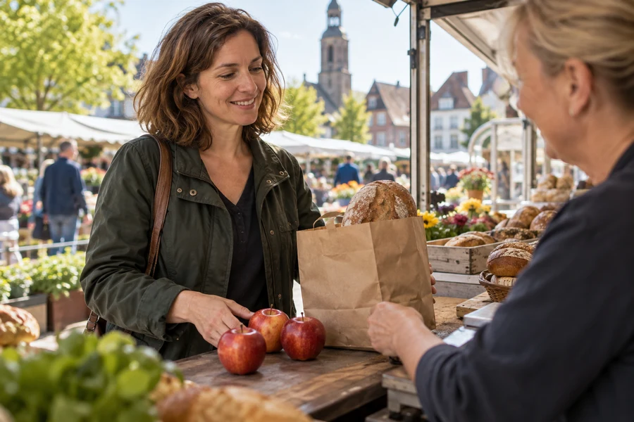 Nora buys bread and three apples at an outdoor market.