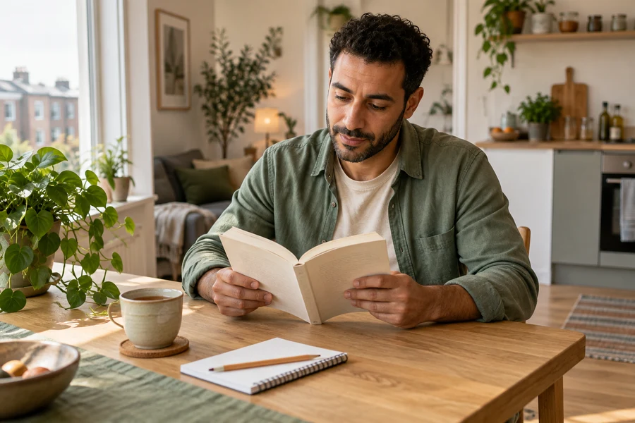 An adult reads a book at home, with a notebook nearby.