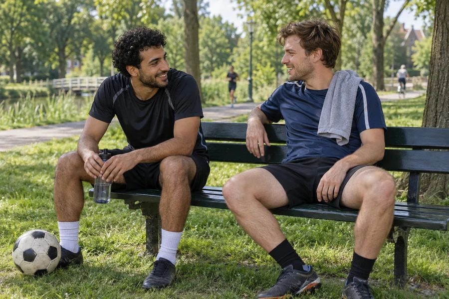 Two adult friends rest on a park bench after playing football.