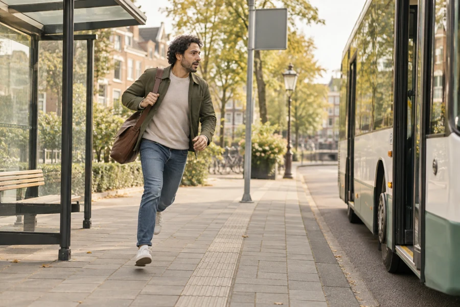 A man hurrying toward a bus stop