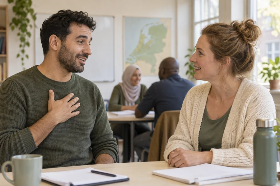 Two adults introducing themselves at a language class