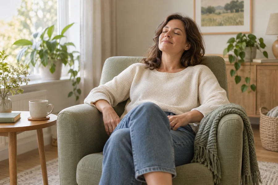 A woman relaxing in an armchair