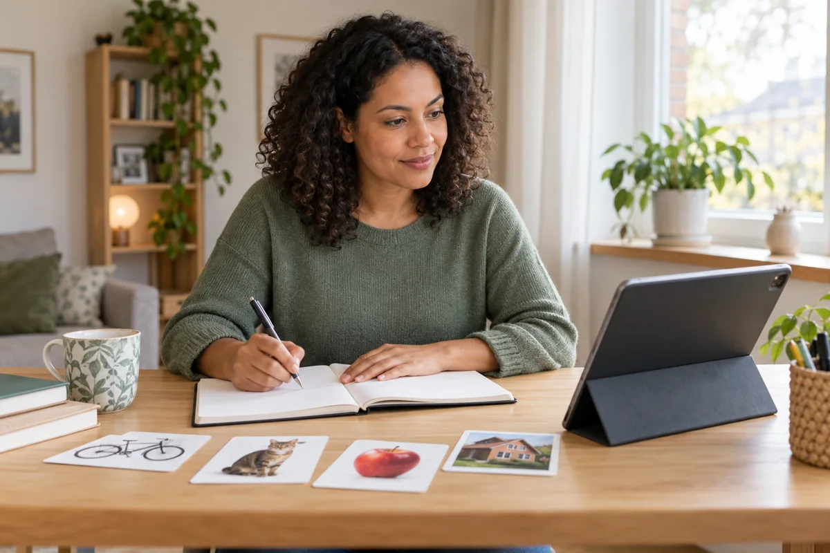 A learner practising at home with a tablet and notebook