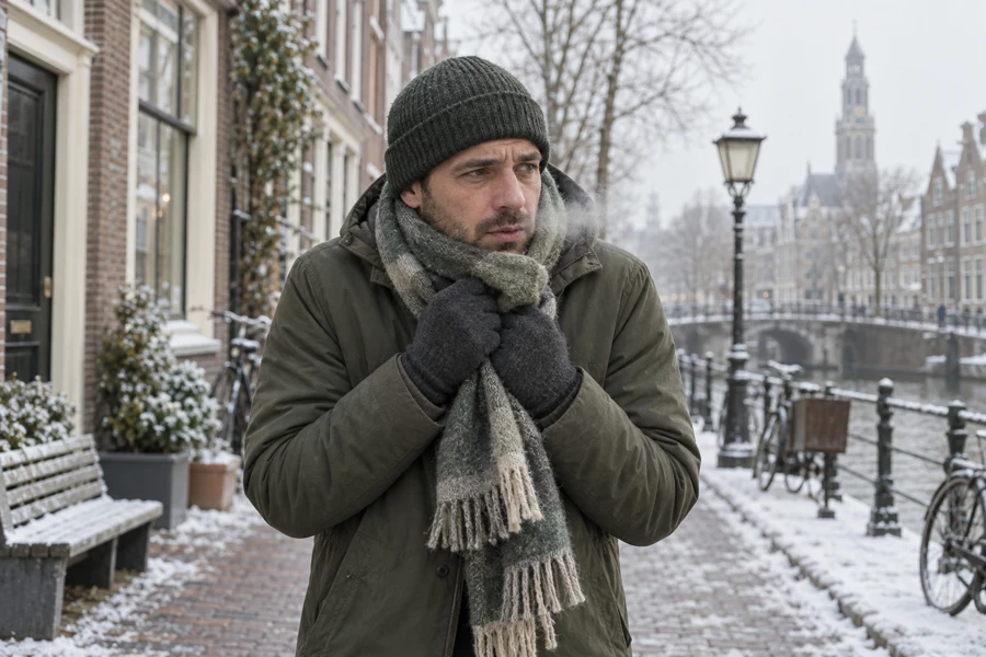 A man wrapping his scarf tightly on a cold day