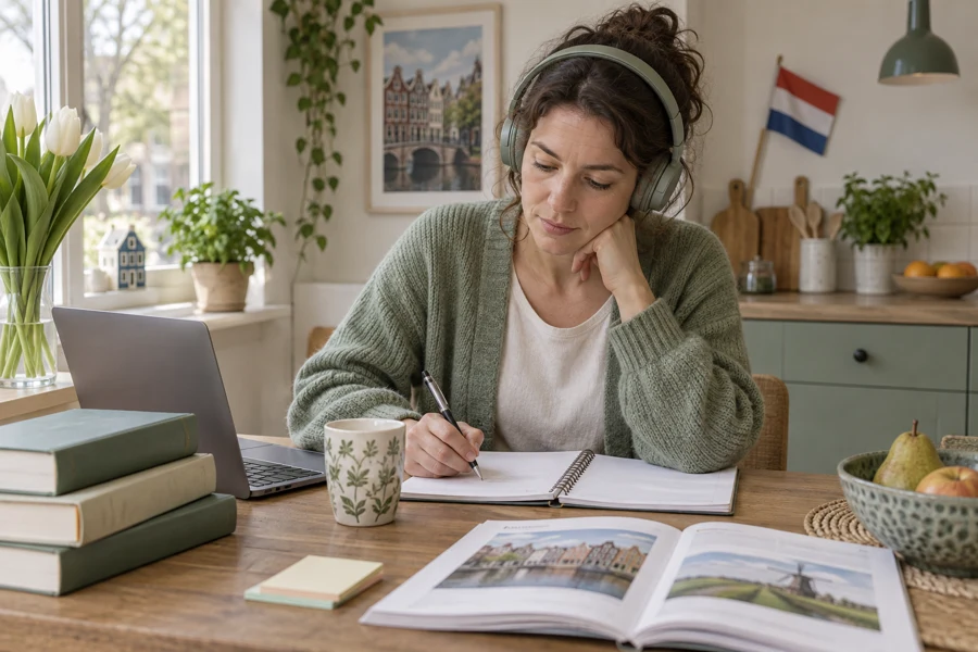 A woman studying Dutch at home