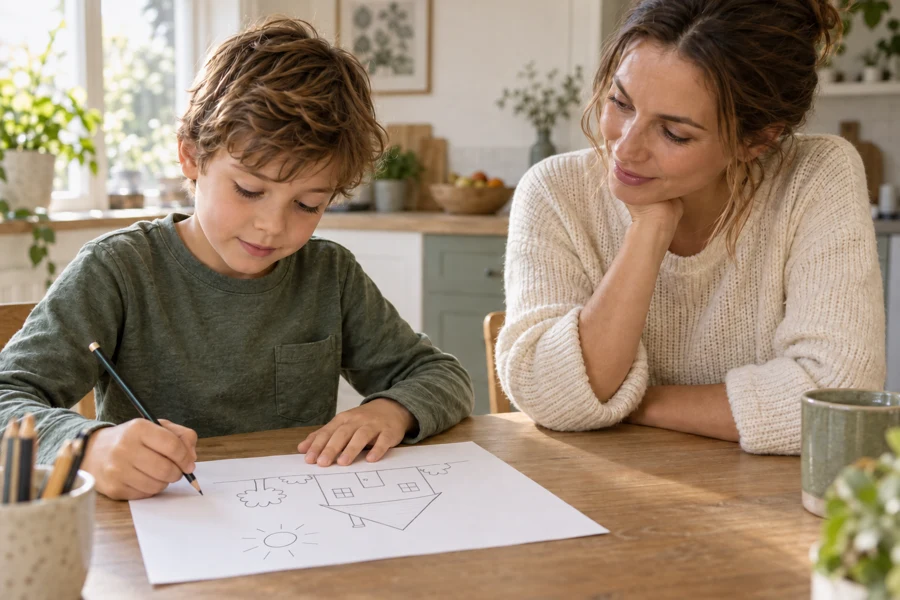 A child drawing a house while a parent watches