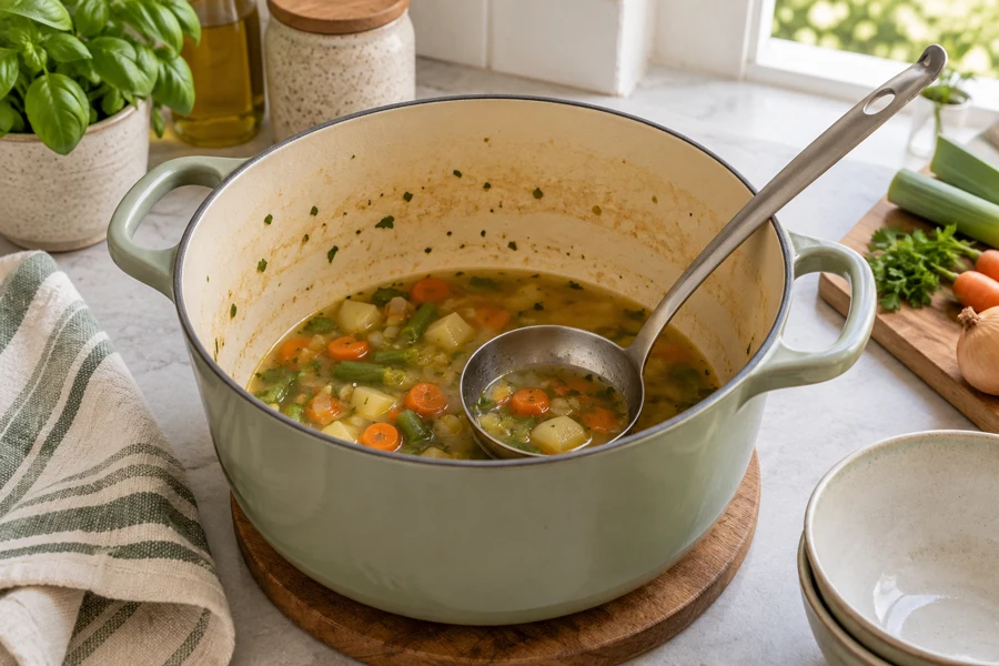 Some vegetable soup left in a cooking pot