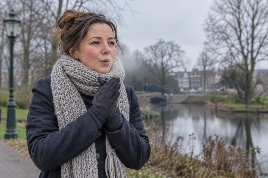 A woman wraps up warmly on a cold day without snow.