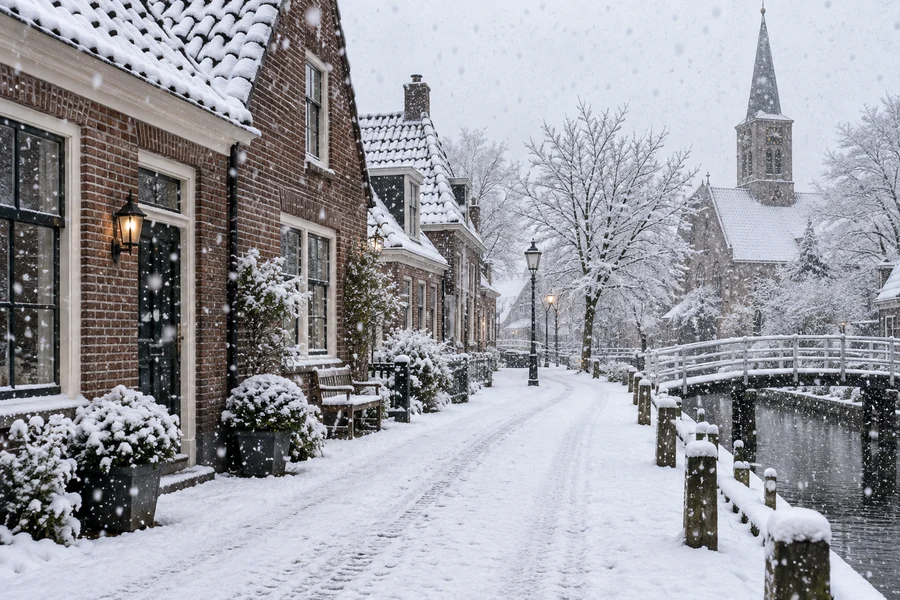 Snow falls in a Dutch village.